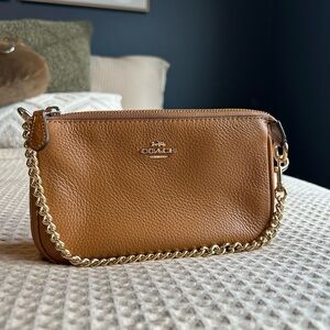 Coach Tan Leather Wristlet with Gold Chain